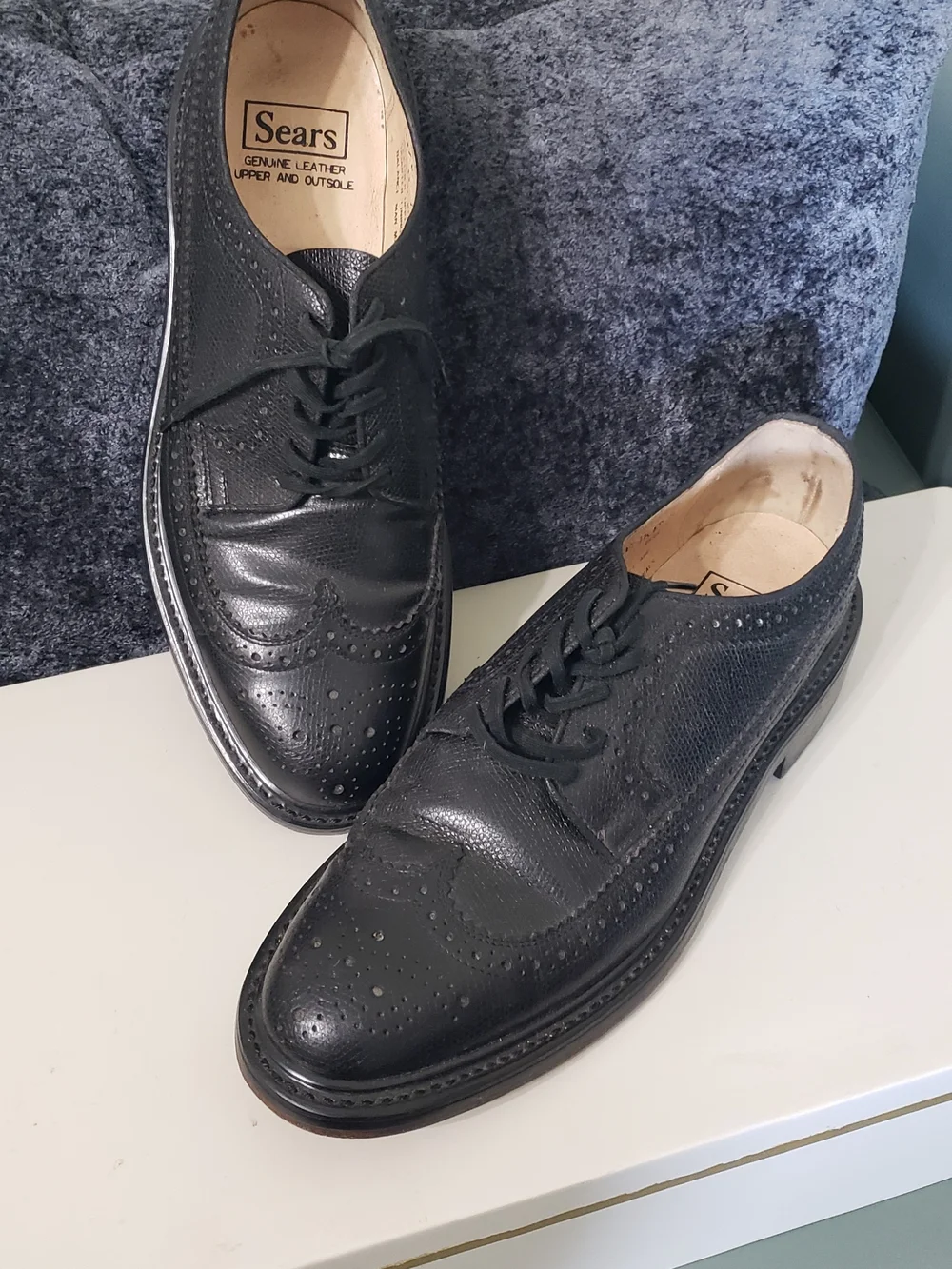 Vintage SEARS 8 1/2D Black Wing Tips Long Wings Derby Oxford Shoes